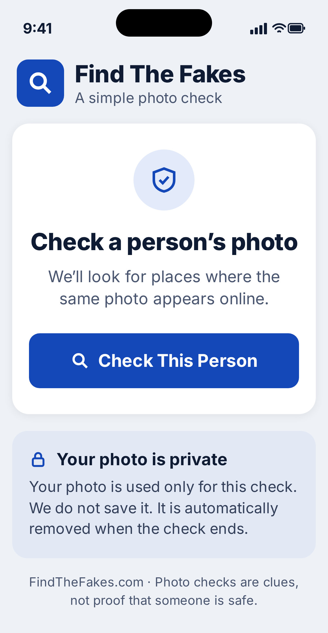 Find The Fakes photo-check screen shown on a phone